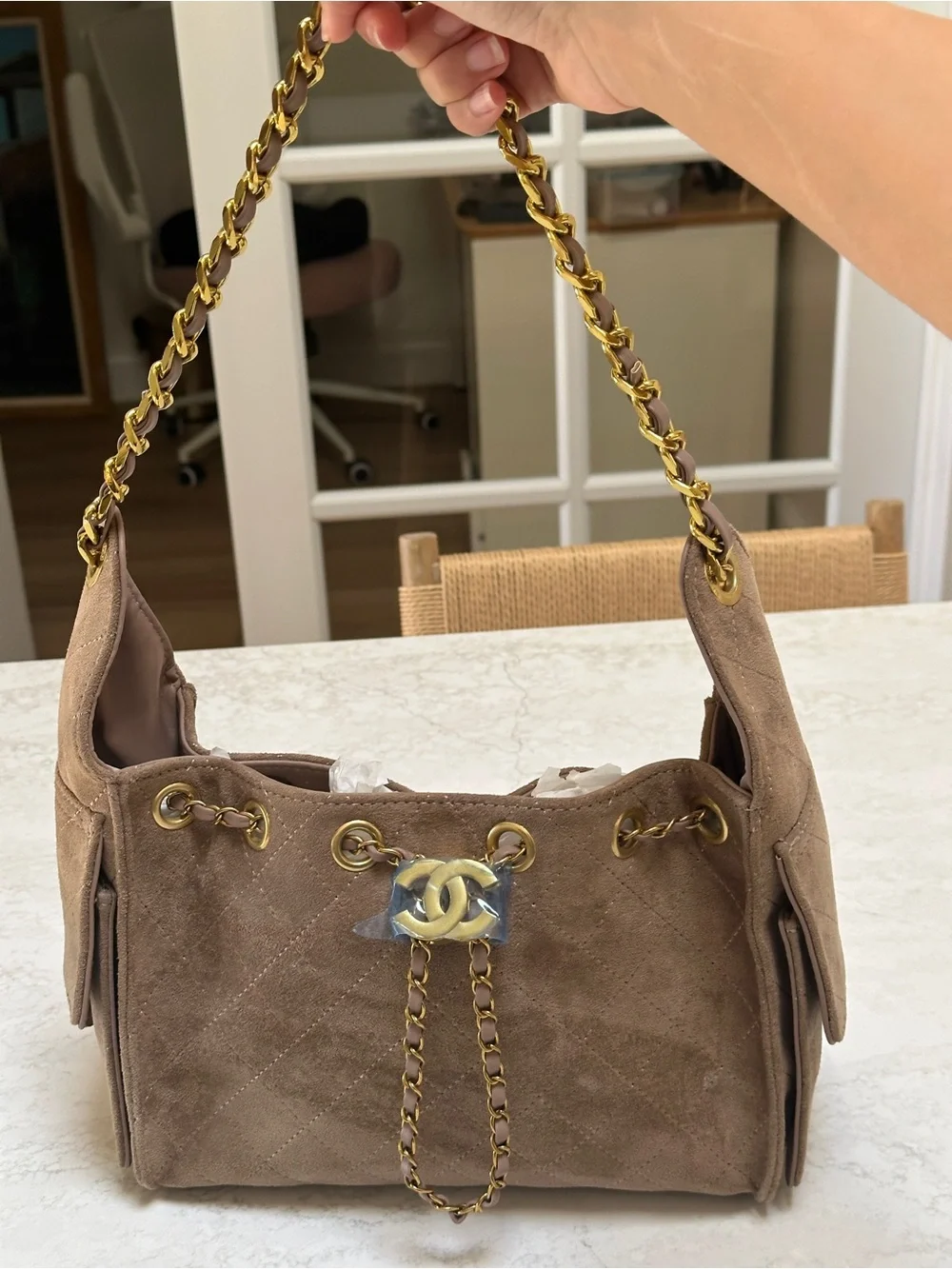 Beige Suede Drawstring Shoulder Bag